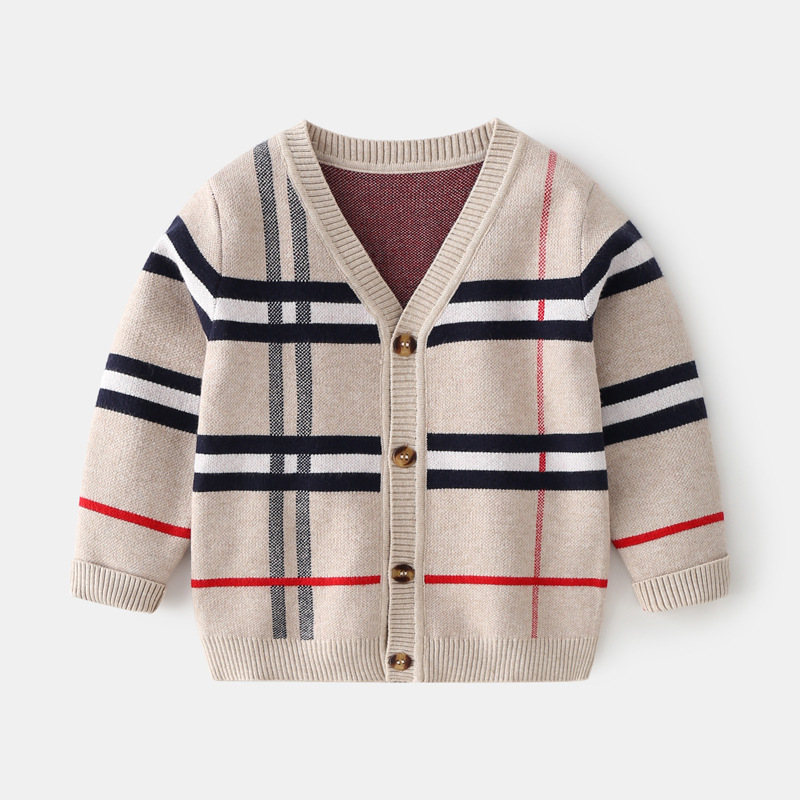 Herfst kinderkleding jongens geruite jacquard trui kinderen afneembare kraag nep tweedelige kerngesponnen garen trui trui_voghion.com