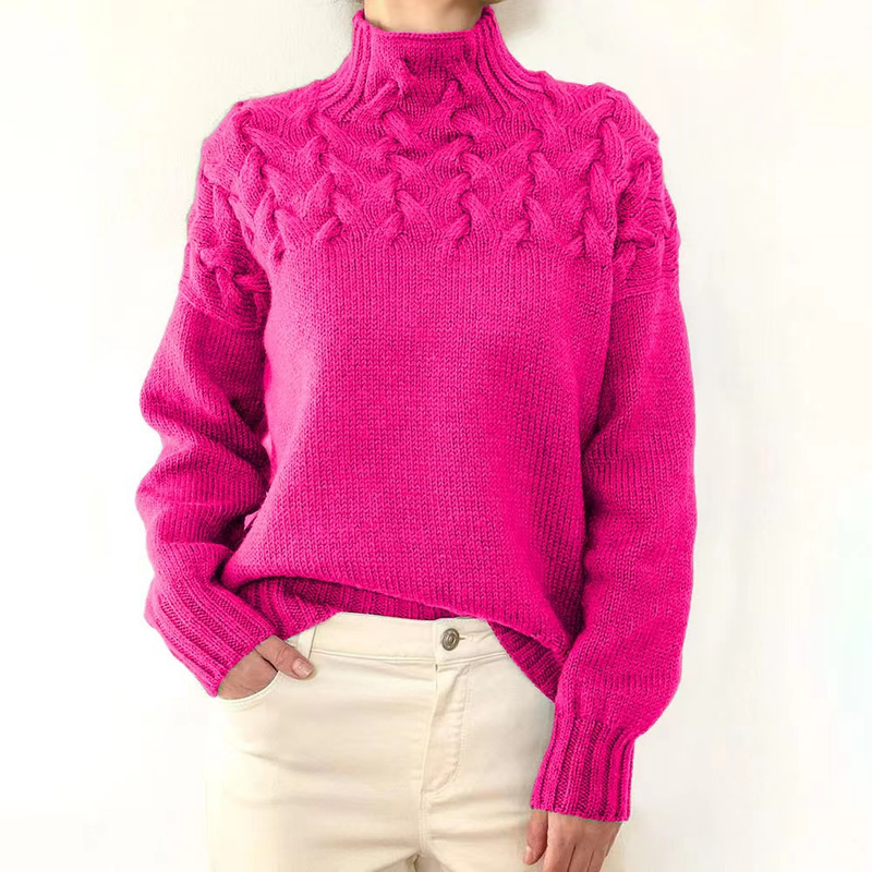 Women's casual long-sleeved turtleneck solid color sweater pullover_voghion.com