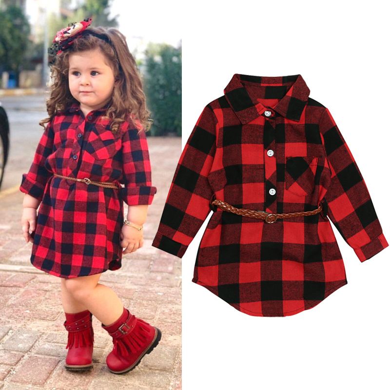 Kinder Frühling und Herbst Mädchen langärmeliges rotes kariertes Kleid + Gürtel zweiteiliges Kinderkleid_voghion.com