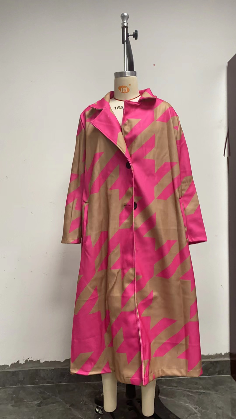 Women's Cothing Various Color Matching Fashion Long Sleeved Lapel Coat Printed Woolen Coat_voghion.com