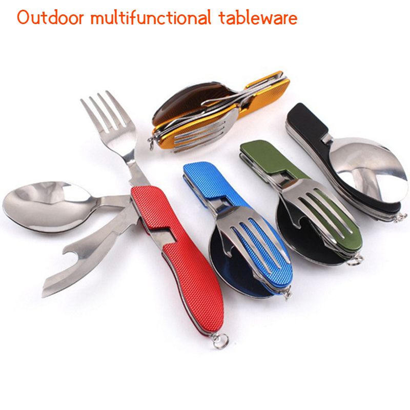 Edelstahlbesteck 4-in-1 Picknickgeschirr für den Außenbereich, faltbares Messer, Gabel, Löffel, Flaschenöffner, faltbares Taschenbesteckset_voghion.com