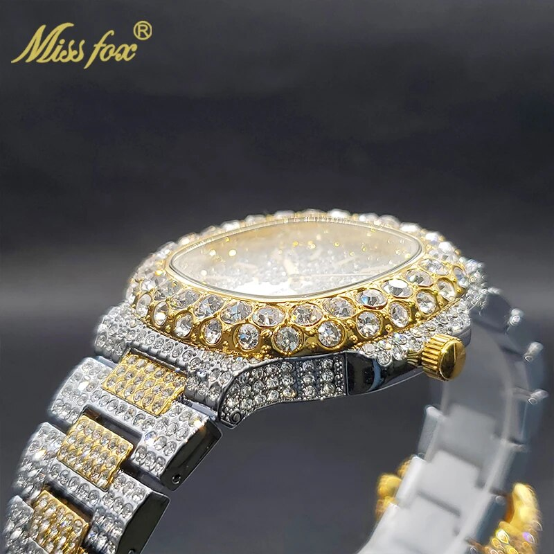 Pánské zlaté hodinky s ledovým diamantem, hip-hop, elegantní pánské quartzové hodinky s dvojitým ciferníkem, vodotěsné, letní_voghion.com