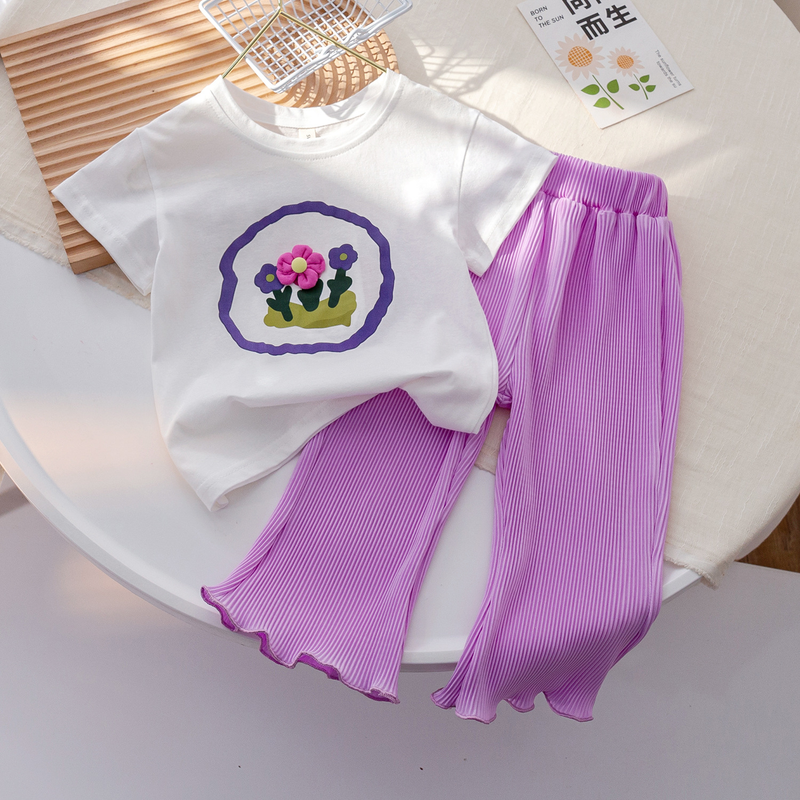 Set da bambina 2024 T-shirt a maniche corte alla moda per bambini nuovi Pantaloni svasati a gamba larga Set da due pezzi per ragazze e neonati_voghion.com