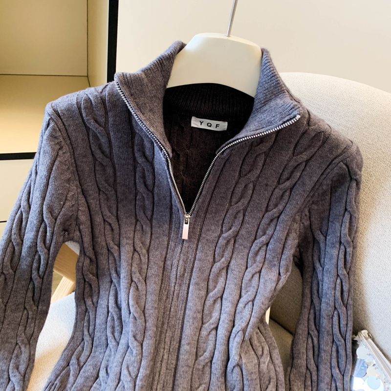 Cardigan in maglia con cerniera frontale – Maglione corto con collo alto (beige/grigio/blu/nero) | Un capo essenziale per uno stile moderno e disinvolto_voghion.com