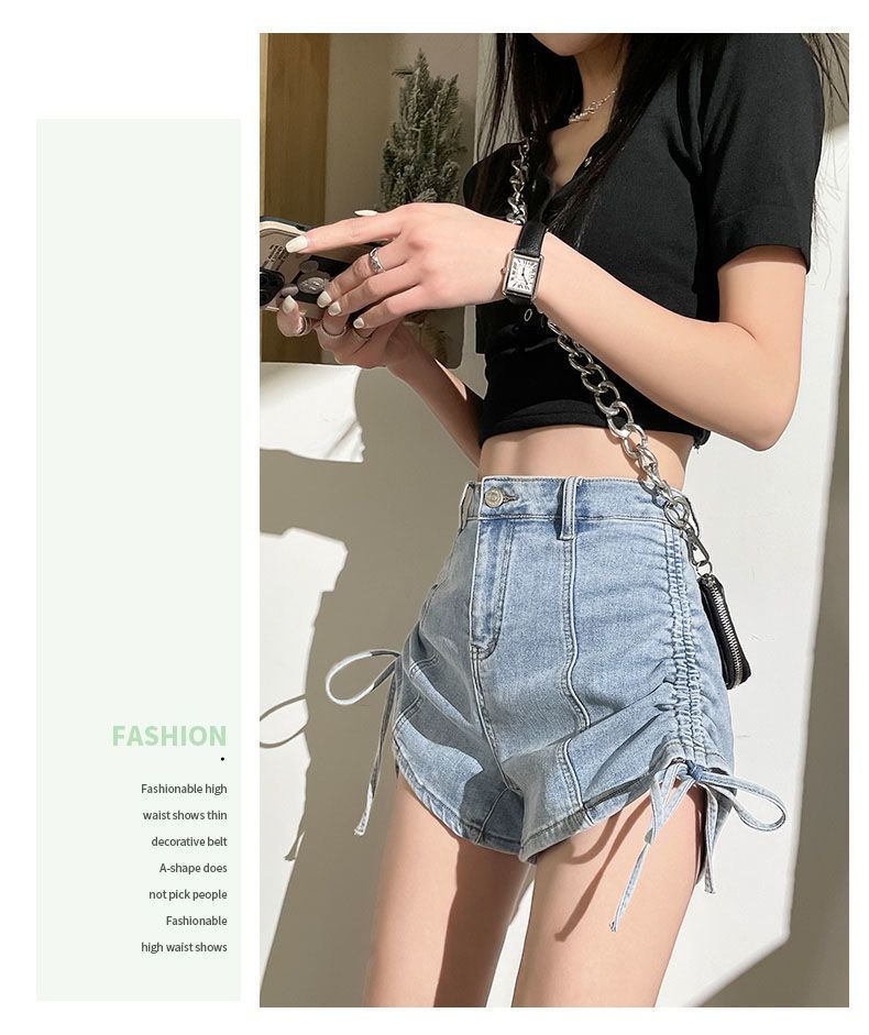 Strap drawstring denim shorts for women in summer, niche design with high waist slimming effect. Spicy girls have a_voghion.com