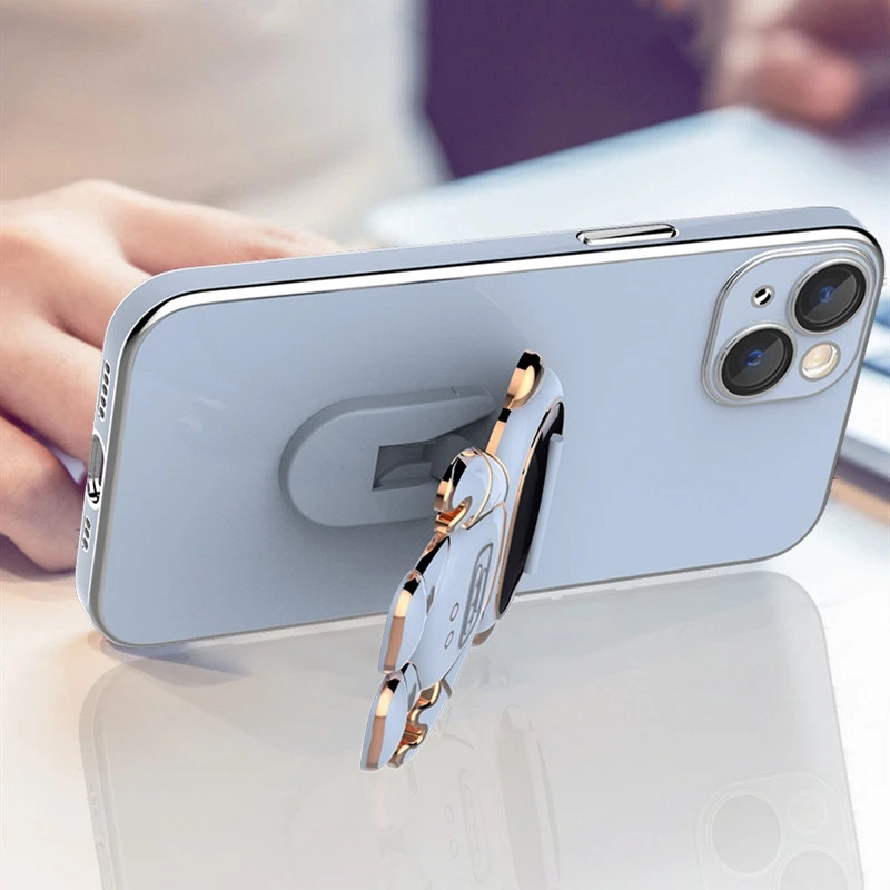 3D Astronaut Folding Stand Soft Phone Case For iPhone 14 13 12 11 Pro Max XR XS 7 8 Plus SE 2022 Plating ShockProof Case Cover_voghion.com