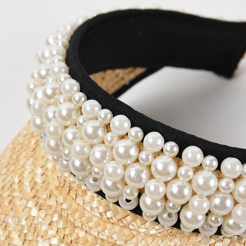 Modischer Sommerhut für Damen, handgefertigt, Stroh, leere Oberseite, Perlenschirmmütze, Visier, gebogene Krempe, Strandhut, Sonnenschutz, Urlaub_voghion.com