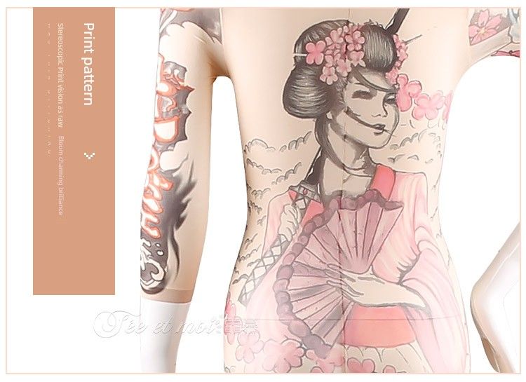 Sexy transparenter Bodystocking mit langen Ärmeln und offenem Schritt, Persönlichkeit im japanischen Stil, Tattoo, dünne Haut, lustige Strümpfe für Frauen_voghion.com