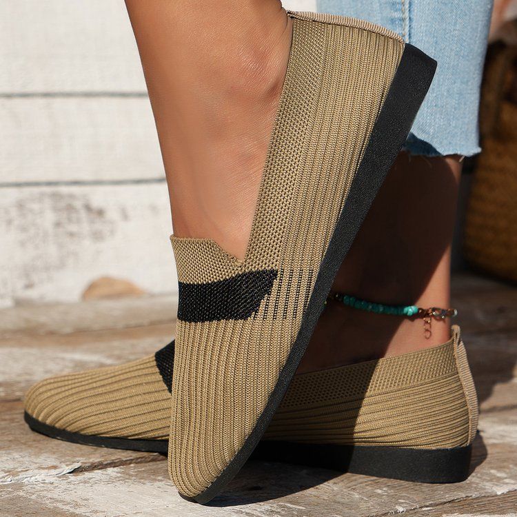 Knitted breathable flat sole single for women's new light cut color block round toe lazy four season bean shoes_voghion.com
