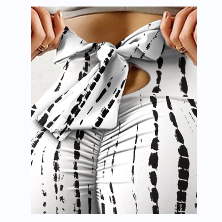 Pantaloni da yoga da yoga da donna con stampa multicolore antirughe sull'anca, dimagranti a vita alta, con fiocco elasticizzato_voghion.com