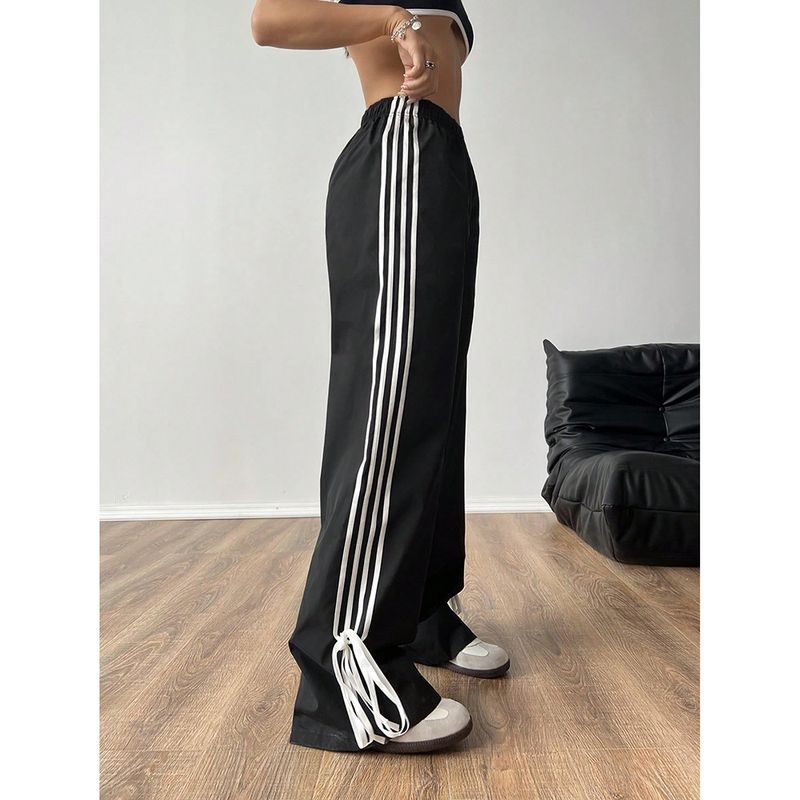 Women's High Waist Casual Jogger Pants With Contrast Stripes - Loose Fit Wide Leg Lounge Pants For Spring, Comfortable Polyester Trousers_voghion.com