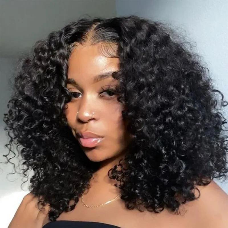 Kleberlose kurze Bob-Perücke mit tiefer Welle, menschliches Haar, Wasserwelle, Frontal, verworrene lockige Spitze vorne, transparente Perücke_voghion.com