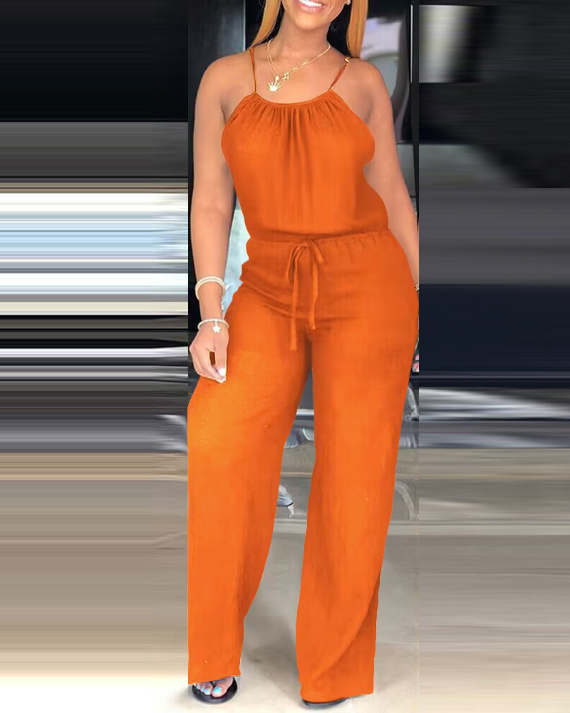 Tuta casual da donna senza maniche in cotone e lino tinta unita con coulisse_voghion.com