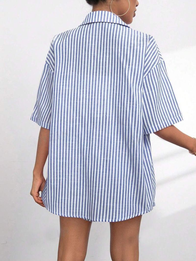 Ensemble deux pièces pour femme, décontracté, rayé, manches courtes, pantalon, revers_voghion.com