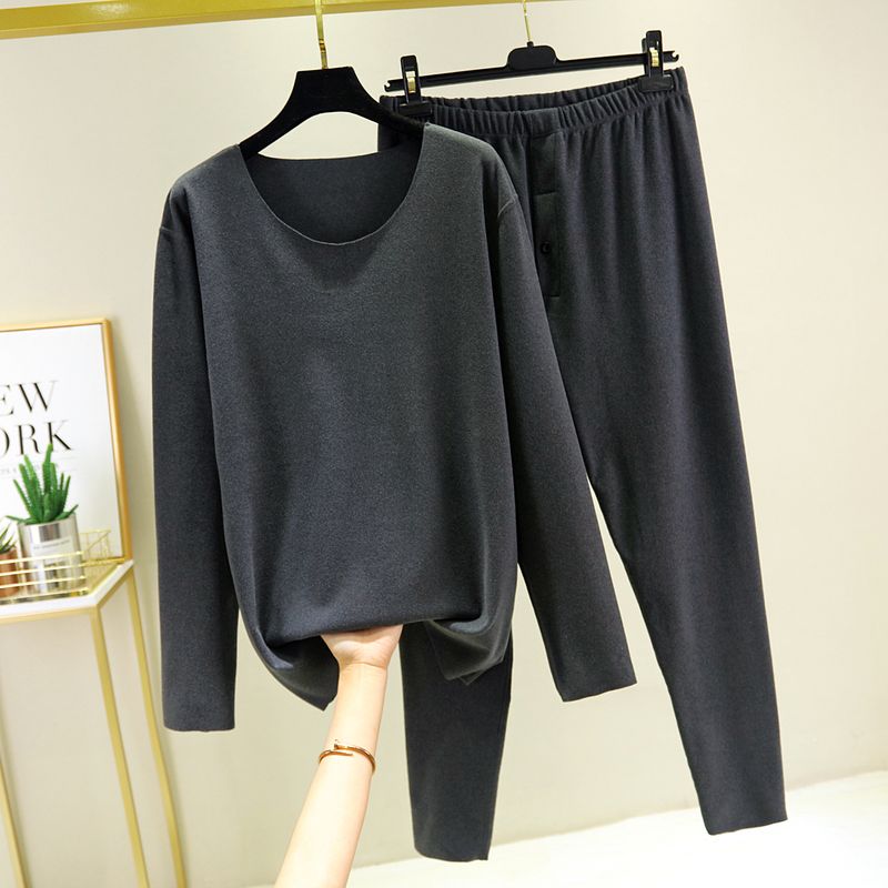 Autumn and winter cationic double-sided velvet solid color suit men's underwear round neck long sleeved pants heating_voghion.com
