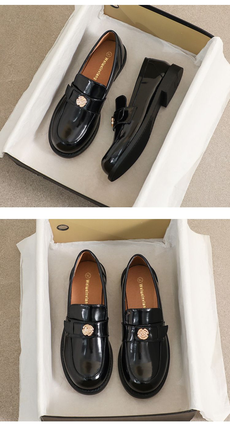 Kleine Loafer mit Goldmünzen für Damen, Retro-Stil, Herbst und Winter, kleine Lederschuhe mit dicken Sohlen, weiche Sohle, dicker Absatz, Einzelschuhe_voghion.com