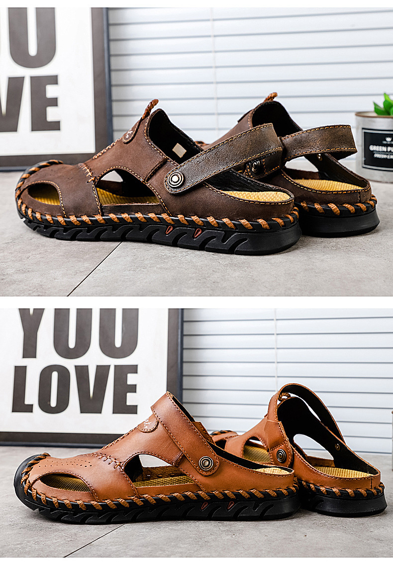 Store strandsko med dobbelt formål, pustende, uformelle hule skinnsandaler med to lag, kuskinn, herresko_voghion.com