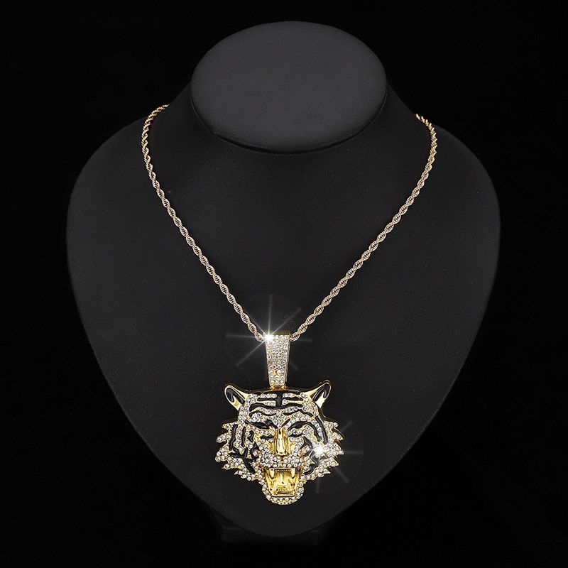 Colier cu pandantiv cu tigru hip hop 3D cu lanț cubanez de cristal de 13 mm, coliere cu gheață hip hop cu gheață, bărbați, femei, bijuterii cu farmec de modă_voghion.com