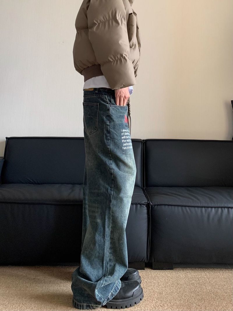 Herrenbekleidung Retro Washed Old Niche Printed Jeans Herren Frühling Neue Loose Design Straight Pants_voghion.com
