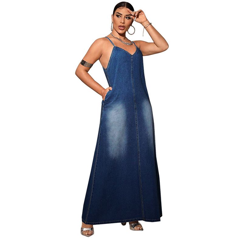 Women's Clothing New Denim Suspenders Long Dress_voghion.com