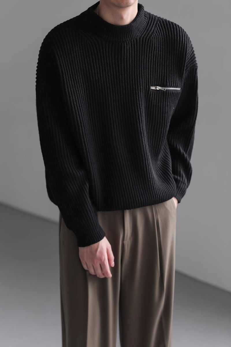 Neuer lockerer Pullover mit langen Ärmeln für Herbst und Winter, trendiger Reißverschluss für Herren, Strickpullover mit halbhohem Kragen_voghion.com