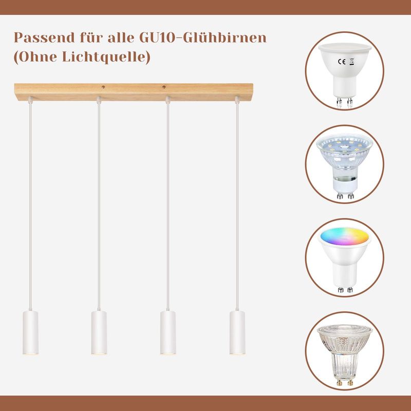 Glitzerlife Pendelleuchte 4 Flammig GU10 Esszimmerlampe - Esstischlampe Holz Weiß Hängelampe Metall Vintage Hängeleuchte Für Café Wohnzimmer Schlafzimmer Flur_voghion.com
