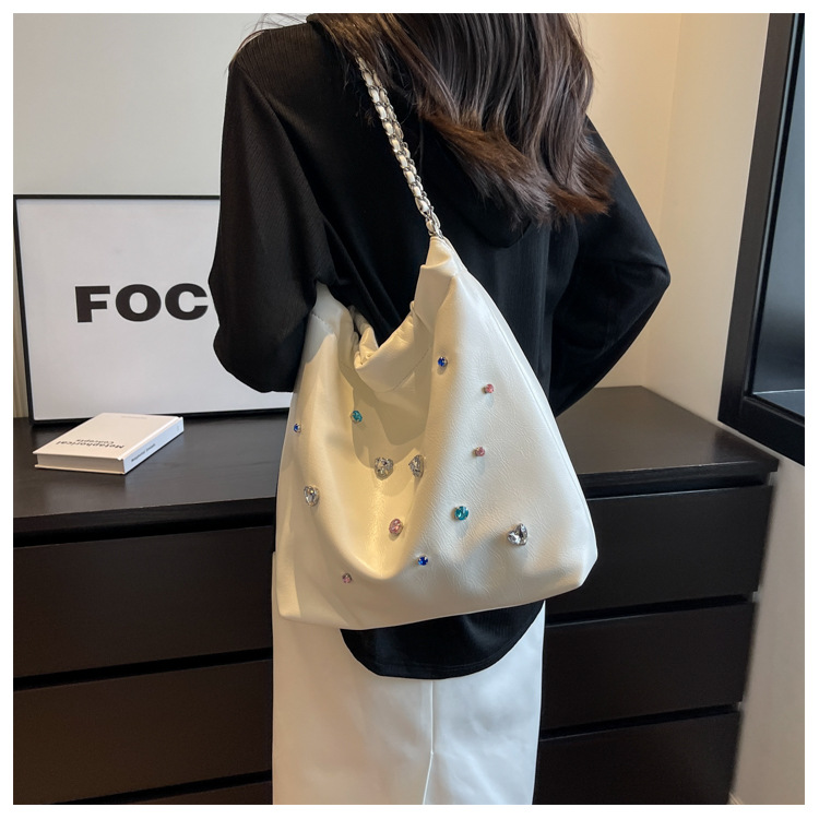 Kæde Affaldspose Taske Dame Ny Trendy Mode Dametaske Skuldertaske Farve Diamant Tote Bag Stor Kapacitet Bucket Bag_voghion.com