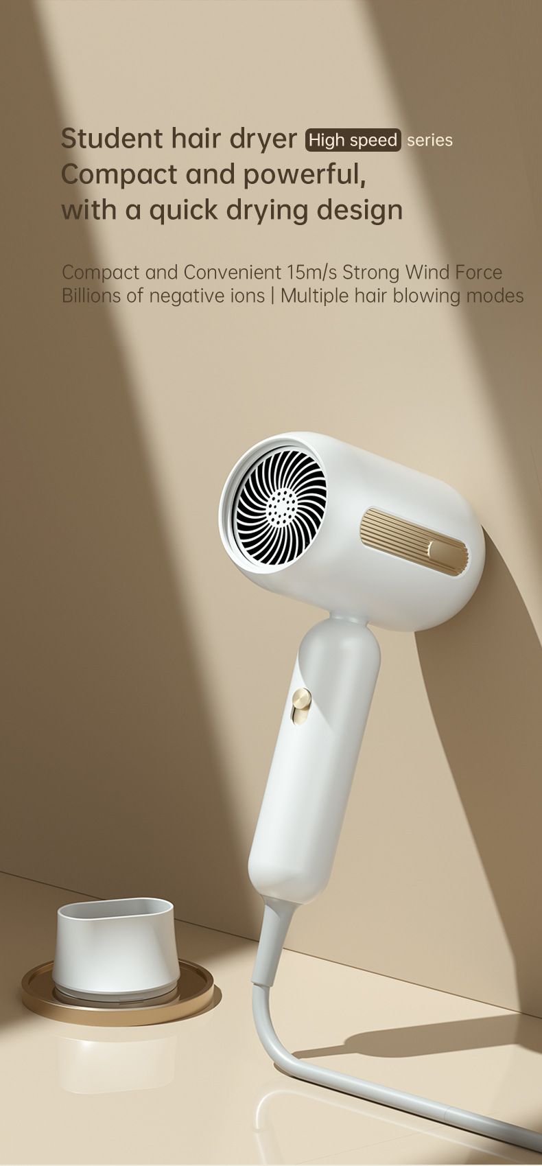 1900W Professional Hair Dryer – Ionic Fast Drying With 3 Speed & Cool Shot, Lightweight ABS Blow Dryer For Home & Travel (White/Beige)_voghion.com