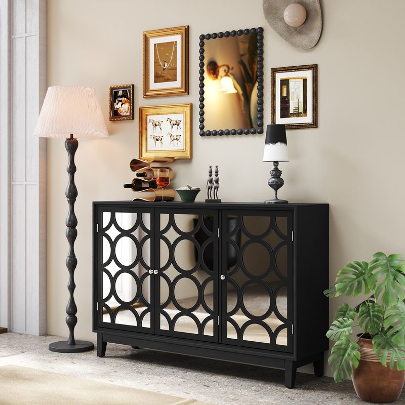 Sideboard Cabinet With 3 Mirror Doors, Modern Buffet Cabinet With Storage, Accent Storage Cabinet For Living Room, Dining Room, Entryway, Black_voghion.com