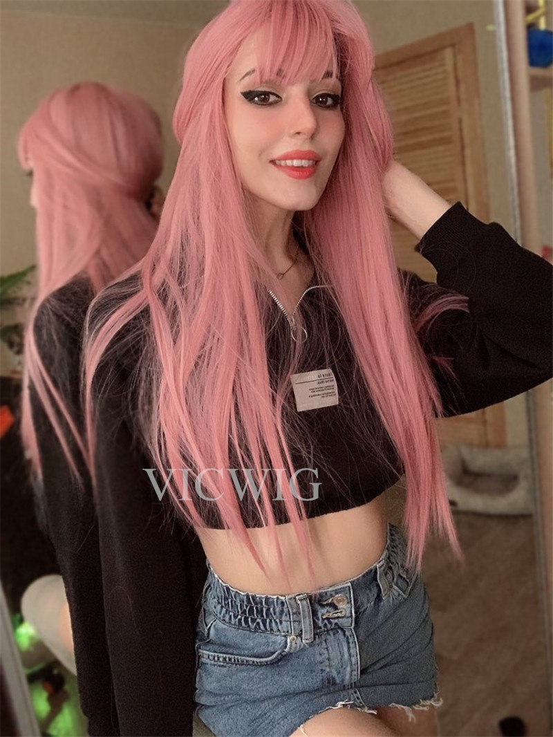 Kuum müük VICWIG Cosplay tukkidega sünteetilised sirged juuksed 24-tollised pikad kuumakindlad roosad parukad naistele_voghion.com