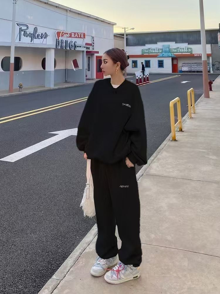 Kadınlar İçin Amerikan Tarzı Trend Gri Sweatshirt Seti, İlkbahar, Sonbahar, Kış, İnce Bol Tembel Rahat Jogger Pantolon_voghion.com