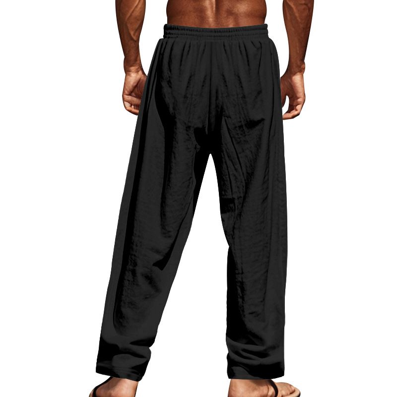 Spring And Autumn American Beach Solid Color Cotton Linen Loose Drawstring Button Casual Pants For Men_voghion.com