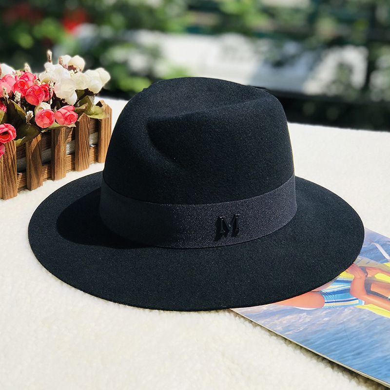 Autumn and winter oblique top hat British pepper letter M wool wide brim hat wool hat_voghion.com