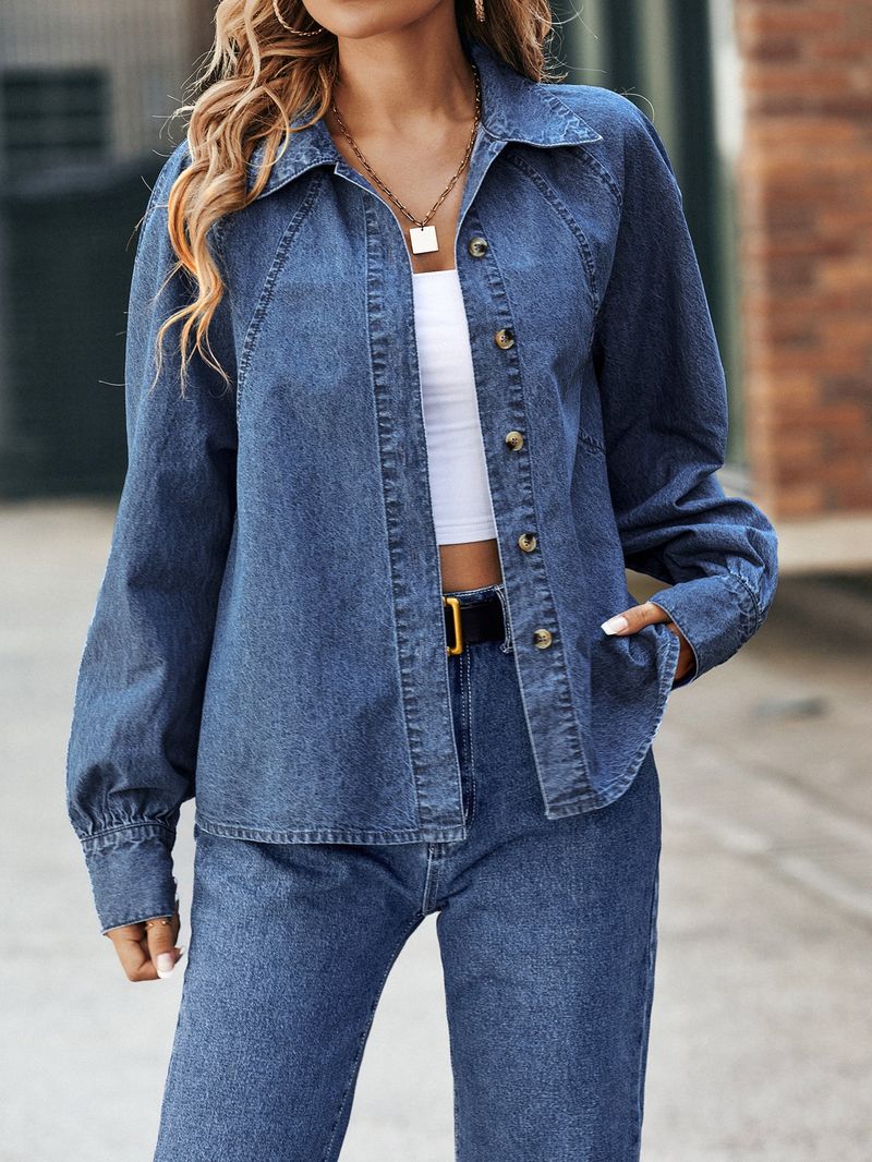 Damenbekleidung, Vintage-Jeanshemdjacke für Damen – leichtes, übergroßes, lässiges Oberteil aus Baumwollmischung mit langen Ärmeln und klassischem Kragen (XS/S/M/L)_voghion.com
