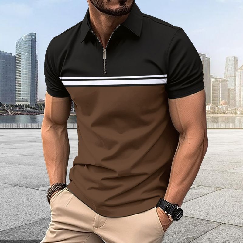 Polo estiva da uomo a maniche corte con cerniera alla moda a contrasto di colore_voghion.com