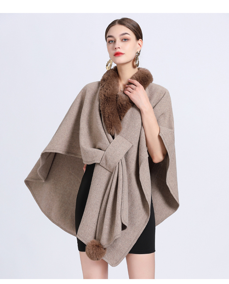 Women's imitation Rex rabbit collar hooded shawl cape large size woolen coat loose cardigan_voghion.com