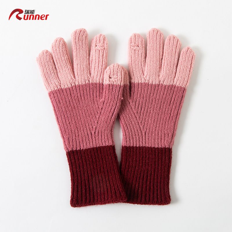Color Block Korean Ins Wool Knitted Cute Winter Women Warm Touch Screen Five Finger Riding Gloves_voghion.com