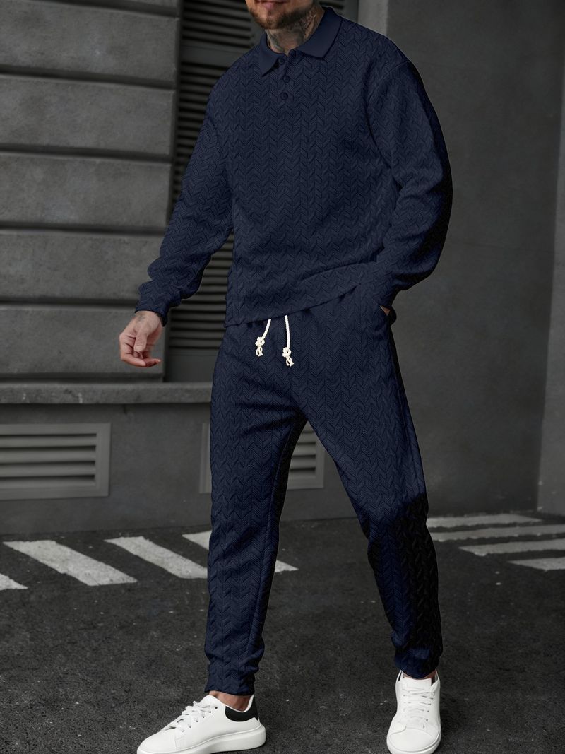 Completo polo e pantaloni a righe color grano da uomo – Completo sportivo a maniche lunghe per look casual e sportivi_voghion.com