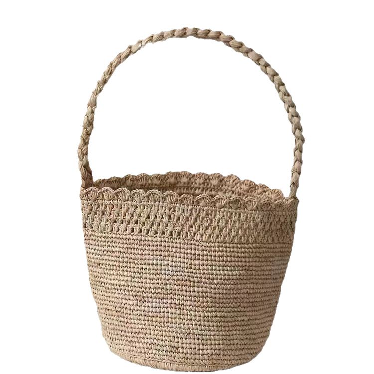 Borsa a secchiello da spiaggia in rafia intrecciata, stile francese, stile coreano, fatta a mano all'uncinetto, stile blogger_voghion.com