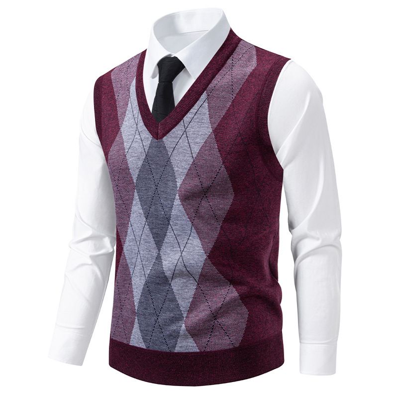 Herrenbekleidung, V-Ausschnitt, Jacquard, Slim Fit, V-Ausschnitt, Jacquard-Strickpullover für Herren – leichtes, ärmelloses Pullover-Oberteil (Grau, Marineblau, Weinrot)_voghion.com