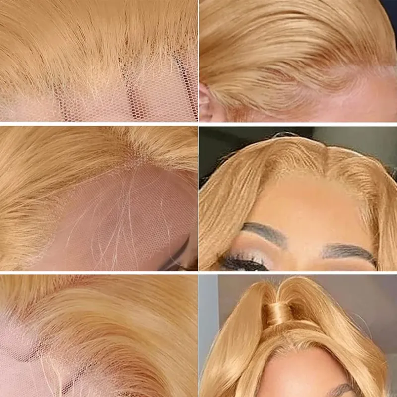 Honingblonde golvende kantpruik van menselijk haar, 24 inch, lijmloze zijden basis, volledige kantpruiken_voghion.com