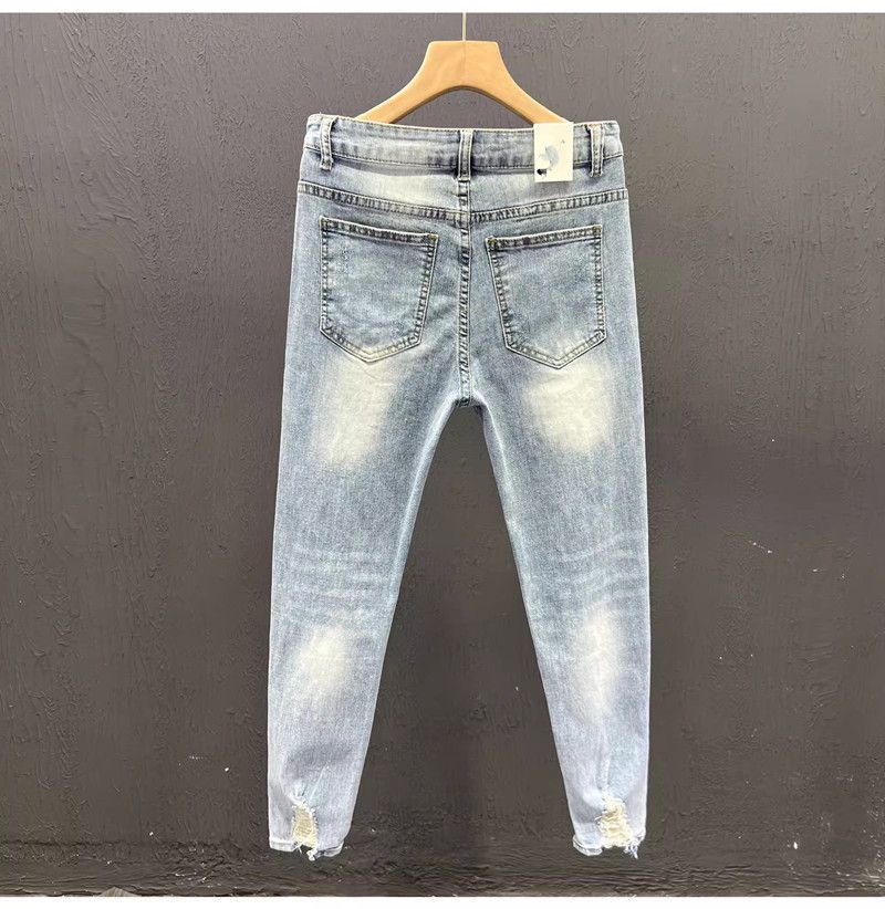 Dünne, elastische, zerrissene 2025 Sommer-Slim-Fit-Jeans mit Rüschen und hübscher verkürzter Passform, trendige Herren-Pelzkante mit kleinem Bein_voghion.com