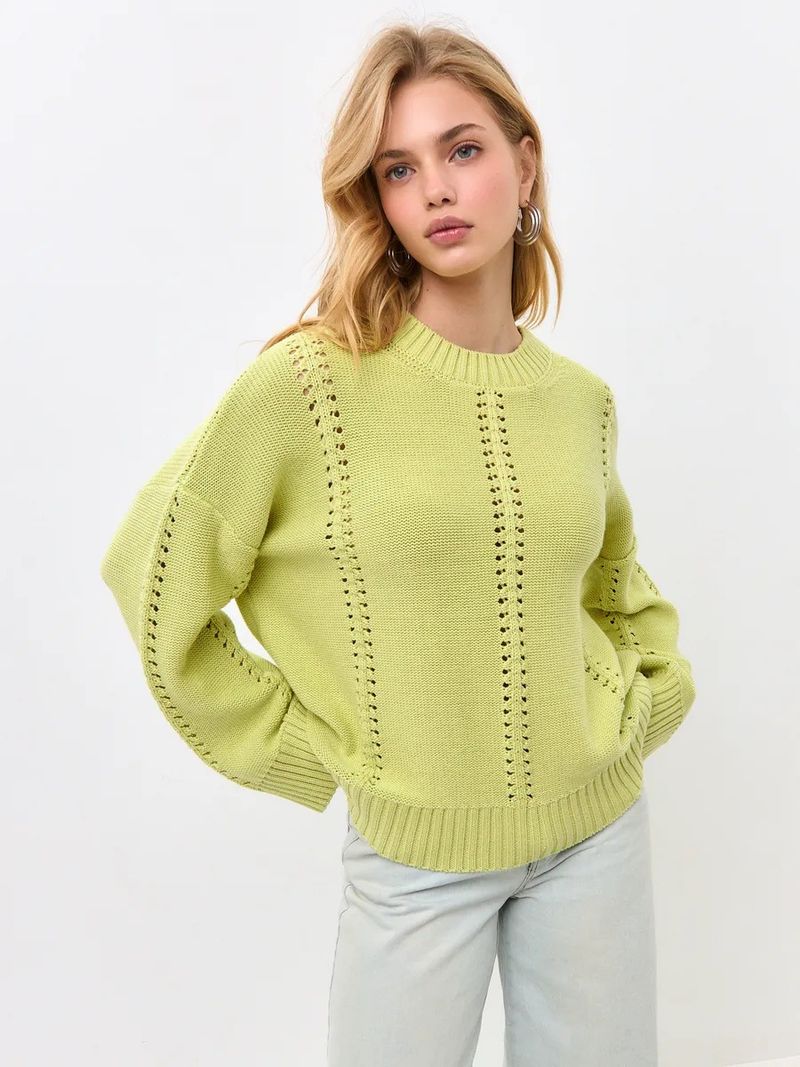 Breathable Knit Sweater Women's Oversized Loose Fit Round Neck Lace Crochet Pullover Top - Soft Acrylic Polyester Blend Yarn_voghion.com