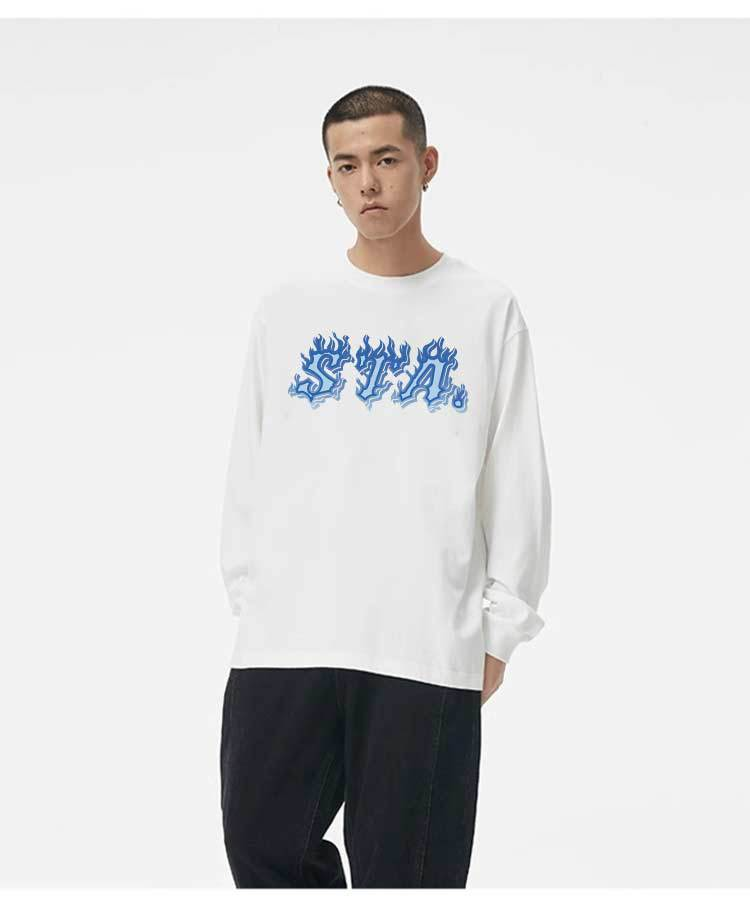 T-shirt a maniche lunghe del marchio di moda nazionale con design a fiamma STA da uomo per uomo e donna, coppia top in puro cotone pesante con scollo tondo_voghion.com