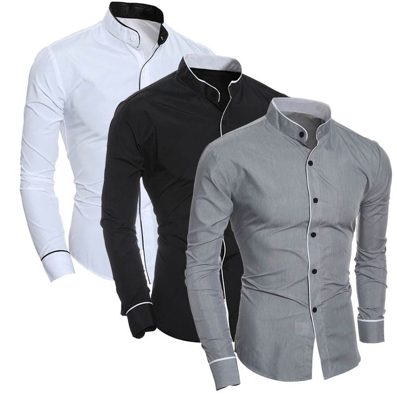New Men's Slim Fit Classic Solid Color Simple Stand Collar Personality Patchwork Cardigan Base Shirt_voghion.com