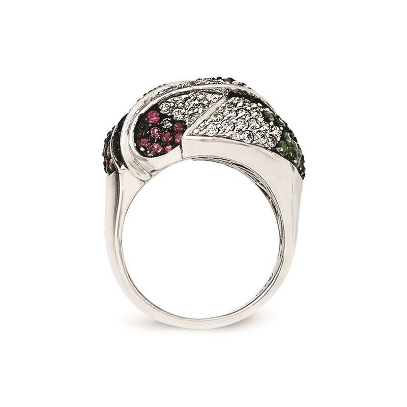 SS Black Rhodium Blue/Grn Glass Lt & Drk Synth. Ruby & CZ Ring_voghion.com