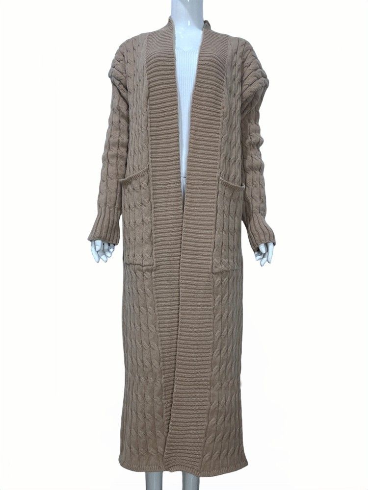 Damen-Strickpulloverjacke mit langen Ärmeln, lockerer langer Strickjacke_voghion.com