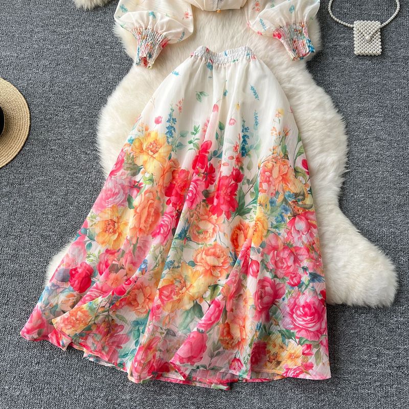 Women's clothing women's two-piece suit, ladylike temperament, lantern sleeve button-down slim-fitting top, high waist printed mesh skirt_voghion.com