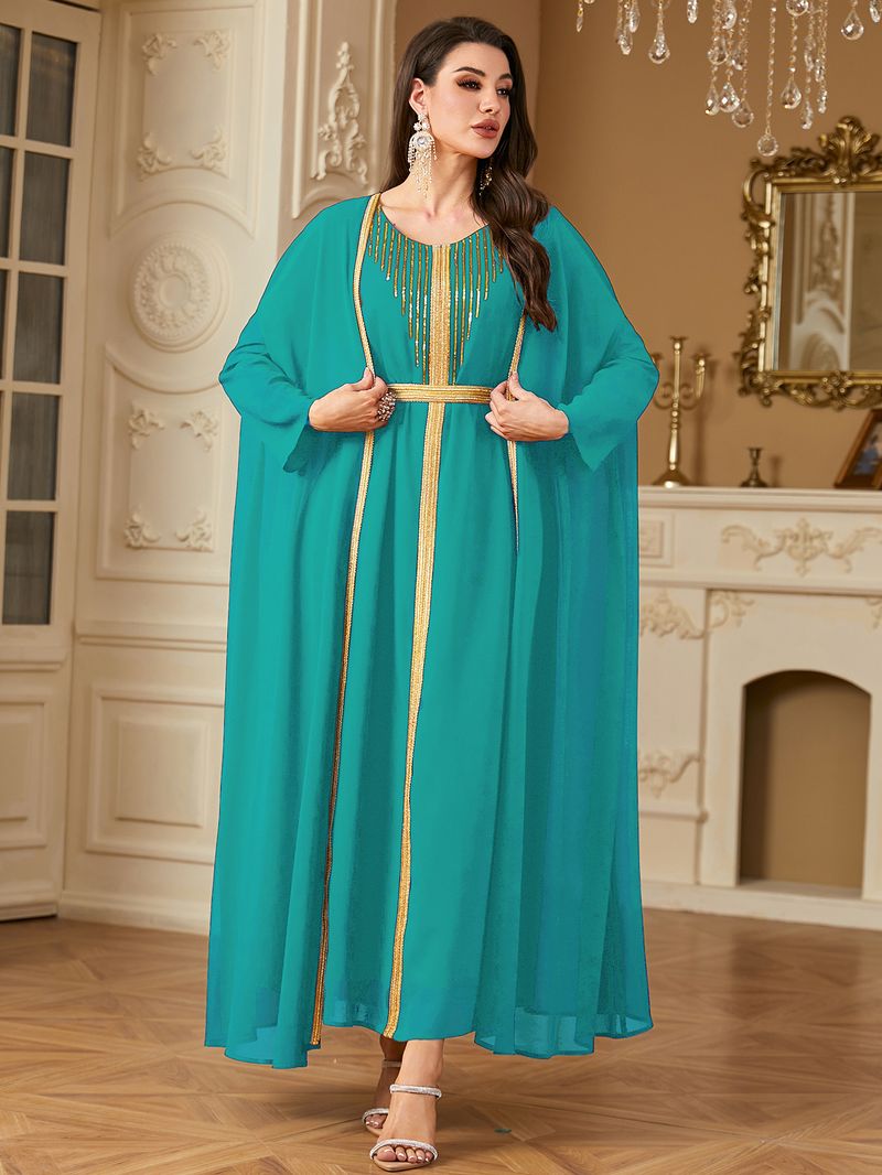 Vêtements pour femmes transfrontaliers du Moyen-Orient Robe arabe Mode paillettes broderie mousseline de soie deux pièces robe Europe et Amérique_voghion.com