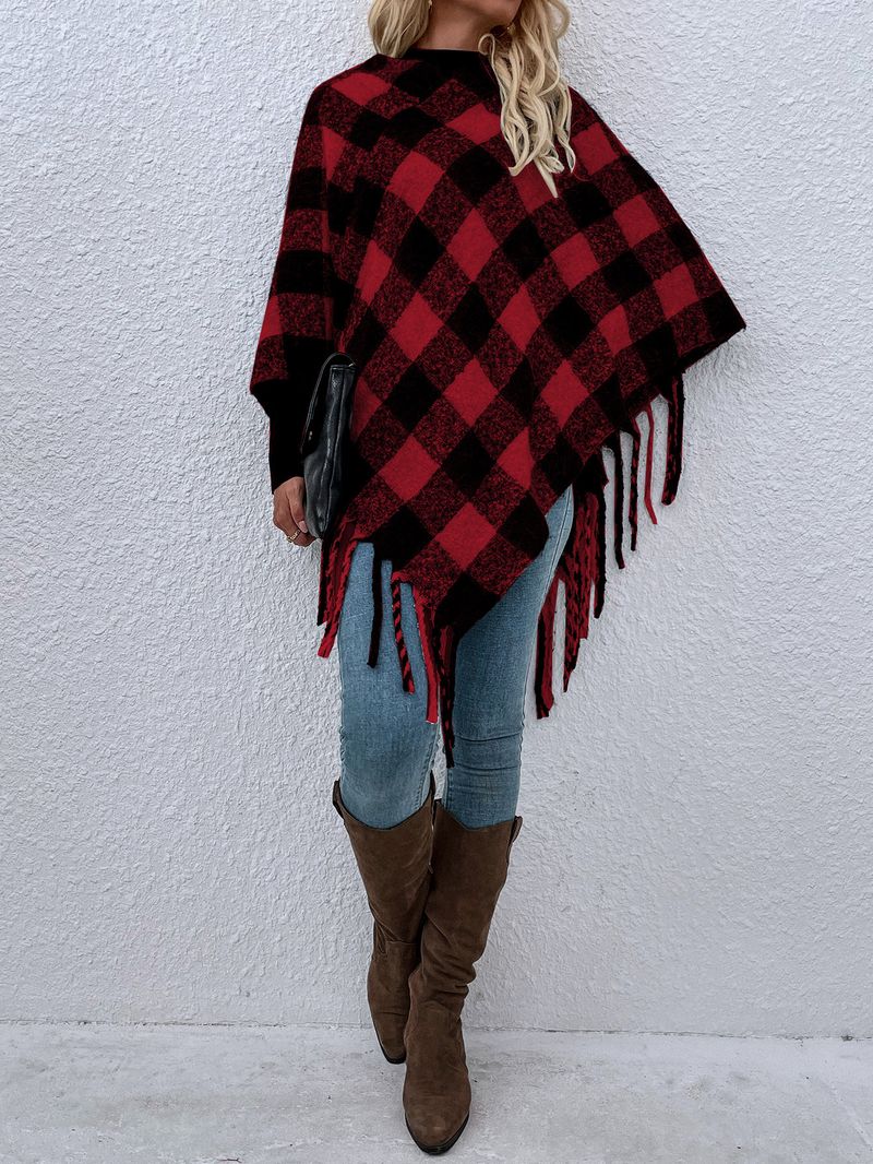 Maglieria da donna maglione a secchiello in pongee con scialle con frange a quadri mille uccelli_voghion.com